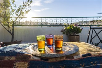 Delicious traditional mint tea served on the rooftop in historic downtown called medina in Fez