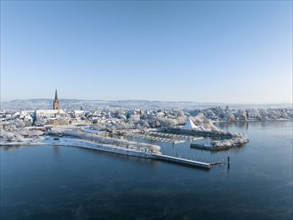 Aerial view of the town of Radolfzell on Lake Constance in winter with the harbour pier and Waeschbruckhafen