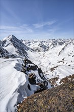 Mountain panorama of the Stubai Alps in winter