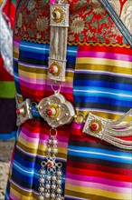 Close up of Traditional clothes on the festival of the tribes in Gerze Western Tibet