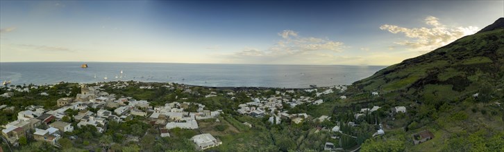 A 180 degree view of Stromboli and church San Vicenzo Ferreri Blue Stromboli island