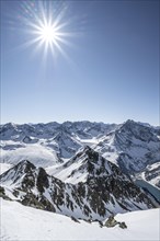 View of Stubai Alps with Laengental reservoir