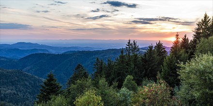 View from Schliffkopf over forest and mountains at sunset