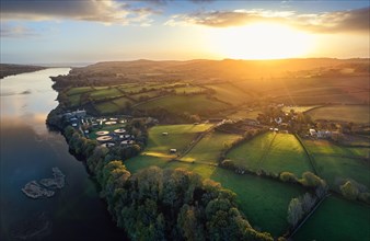Sunrise over Fields and River Teign from a drone