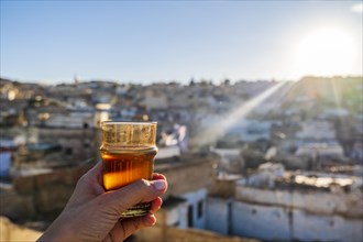 Delicious traditional mint tea drunk with the view at historic downtown called medina in Fez