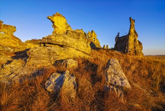 Savannah and huge rock formations at sunset in the Isalo National Park