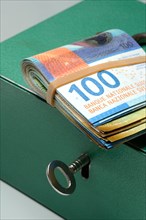 Cash box and Swiss banknotes