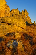 Savannah and huge rock formations at sunset in the Isalo National Park