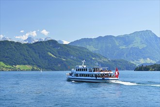Motorboat Weggis cruises on Lake Lucerne in sunny weather.