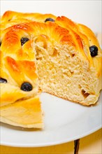 Fresh home baked blueberry bread cake dessert over white wood table