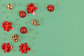 Christmas flat lay with seasonal red tree ornament baubles