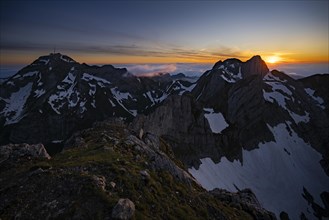 Blue hour with dawn over Saentis and Altmann summit