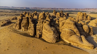 Aerial of beautiful rock formations in the Unesco site Maidain Saleh or Hegra