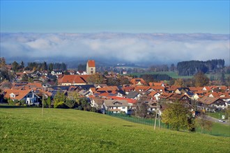 View from the Blender to Wiggensbach with fog near Kempten