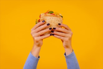 Hands of a woman with a sandwich on a yellow background