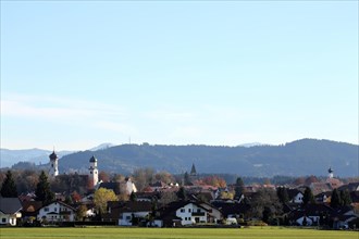 The historic old town of Isny im Allgaeu with a view of the skyline. Isny im Allgaeu