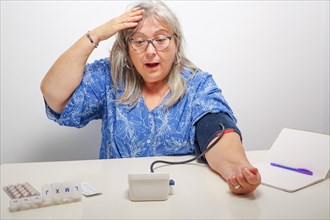 White-haired woman with surprised expression when taking her blood pressure high blood pressure concept
