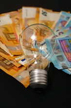 Lighted light bulb with euro banknotes in the background on a black background