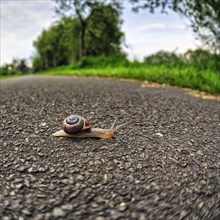 Snail crawls over asphalt
