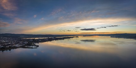Aerial view of western Lake Constance in front of sunrise