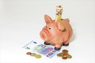 Pink piggy bank with euro notes and coins