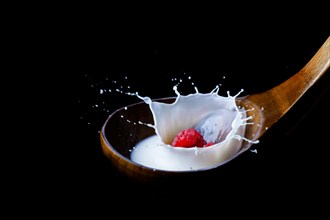 Fresh raspberry splashing milk on a wooden spoon