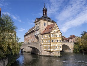 Famous building Old Town Hall with half-timbered house on the river Regnitz