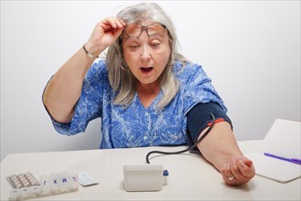 White-haired woman with surprised expression when taking her blood pressure high blood pressure concept