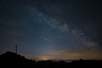 Summit cross of the Namloser Wetterspitze with Milky Way and Lechtaler Alps