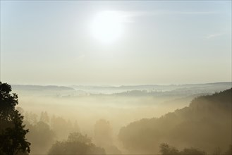 View over valleys and wooded heights in rising early morning mist with morning sun