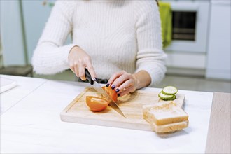 Unrecognizable person cooking a vegetable sandwich at home. cutting tomato slices