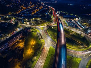 Night over Penn Inn Flyover and Roundabout in Newton Abbot from a drone