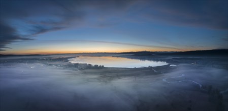 Aerial view of western Lake Constance in front of sunrise