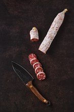 Vertical composition with fermented salami sausage cut on slices