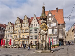 Bremen market square with the surrounding old buildings of the old town and with UNESCO World Heritage Site Bremer Roland