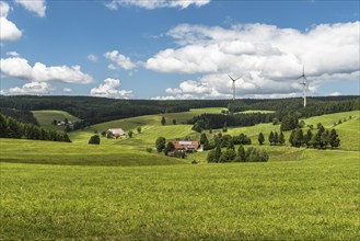 Hilly landscape in the Black Forest with farmhouses and wind turbines surrounded by fir forest