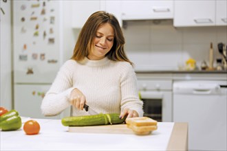 Vegetarian woman cooking a vegetable sandwich at home. cutting the dutch cucumber