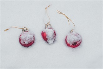 Concept of the postcard with Christmas baubles covered with snow