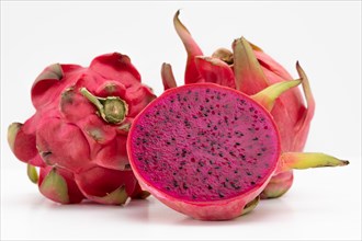 Pink pitahaya or dragon fruit isolated on white background with copy-space