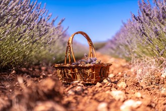 A basket to collect purple flowers in a lavender field