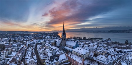 Aerial view of the town of Radolfzell on Lake Constance on a winter morning in front of sunrise