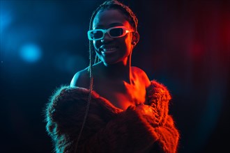 Black ethnic woman with braids with blue and red led lights