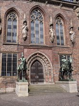 Detail UNESCO World Heritage Bremen Town Hall and statues of the herald in knight's armour