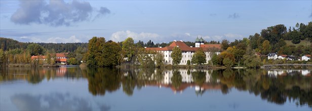 Panoramic view of Seeon Monastery with reflection in Kolstersee