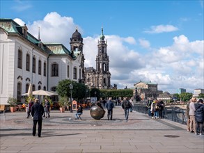 Bruehlsche Terrasse and in the background the Cathedral Sanctissimae Trinitatis and Semperoper Dresden