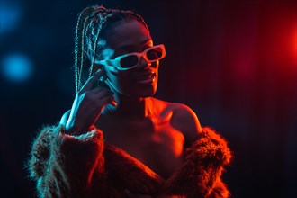 Black ethnic woman with braids with blue and red led lights