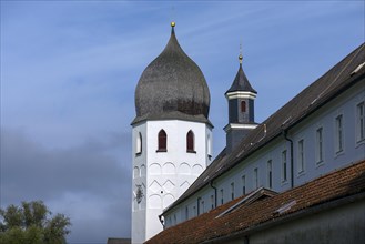 Bell tower of the Frauenwoerth monastery church and abbey