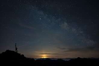 Mountaineer at the summit cross of the Namloser Wetterspitze with Milky Way and Lechtaler Alps