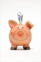 Pink piggy bank with euro note