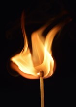 Lit match with flame on a black background